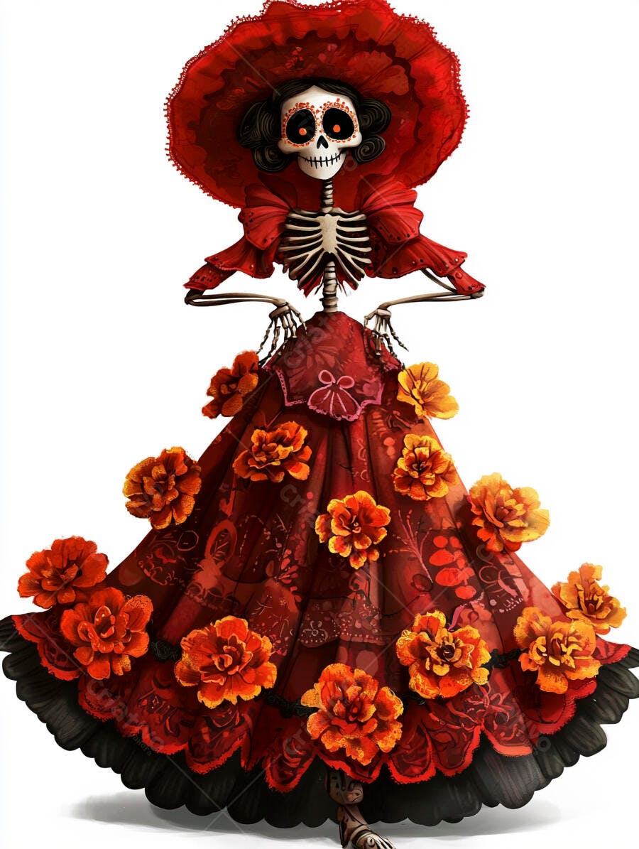 Catrina esqueleto festiva com vestido vermelho e chapéu floral laranja para Dia dos Mortos