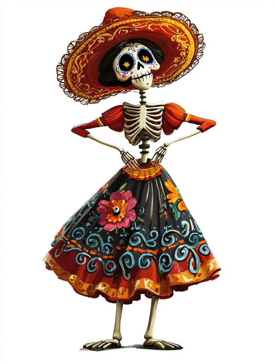 Catrina mexicana elegante com sombrero e vestido floral colorido
