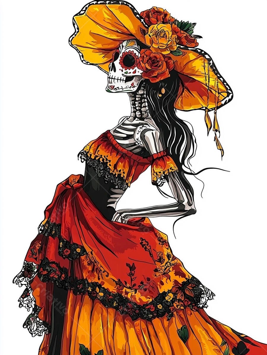 Catrina esqueleto feminino com vestido vermelho laranja e chapéu de flores Dia dos Mortos
