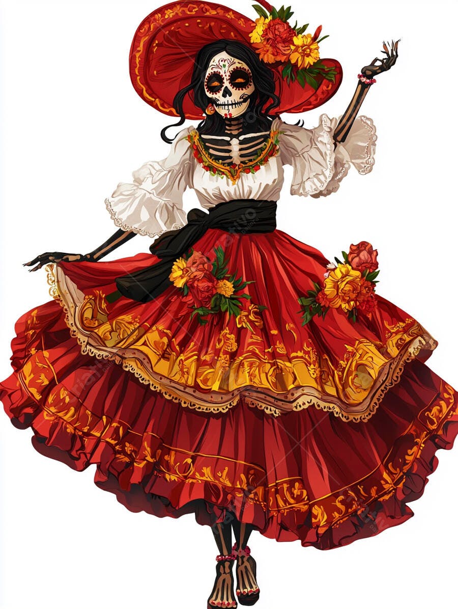 Catrina com vestido vermelho e sombrero florido celebrando Dia dos Mortos