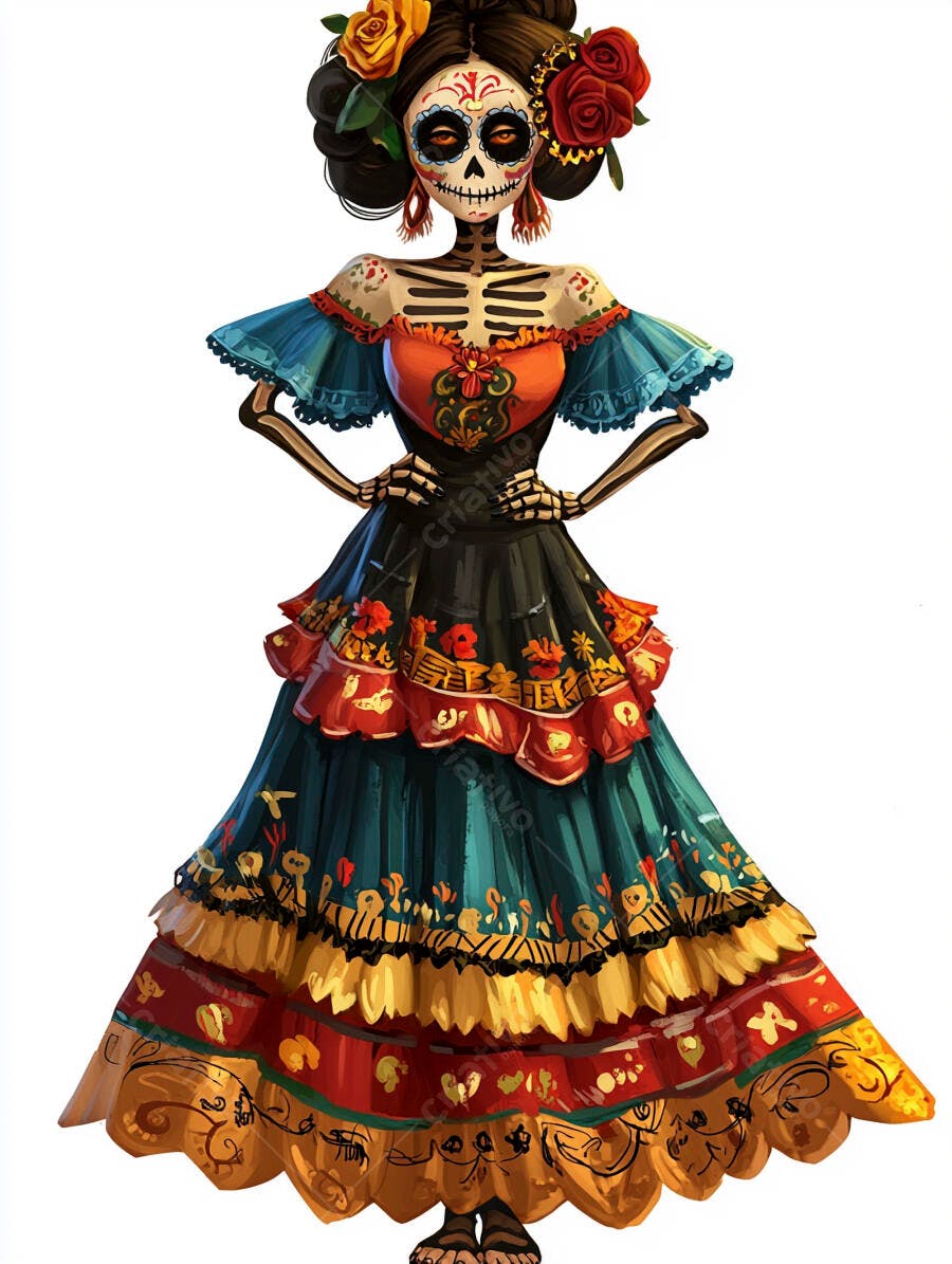 Calavera Catrina vestida com traje mexicano colorido para Dia dos Mortos