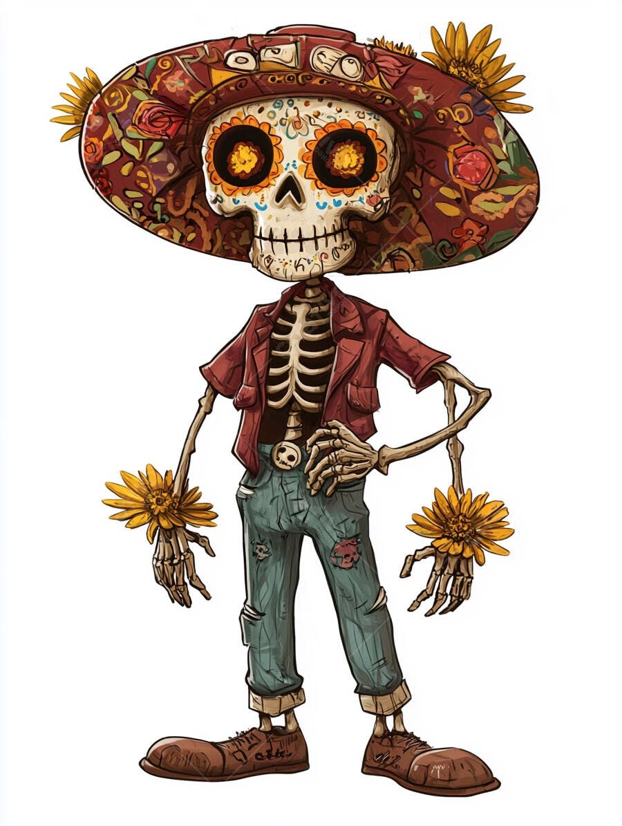 Esqueleto Calavera com chapéu florido e jaqueta vermelha celebra Dia dos Mortos