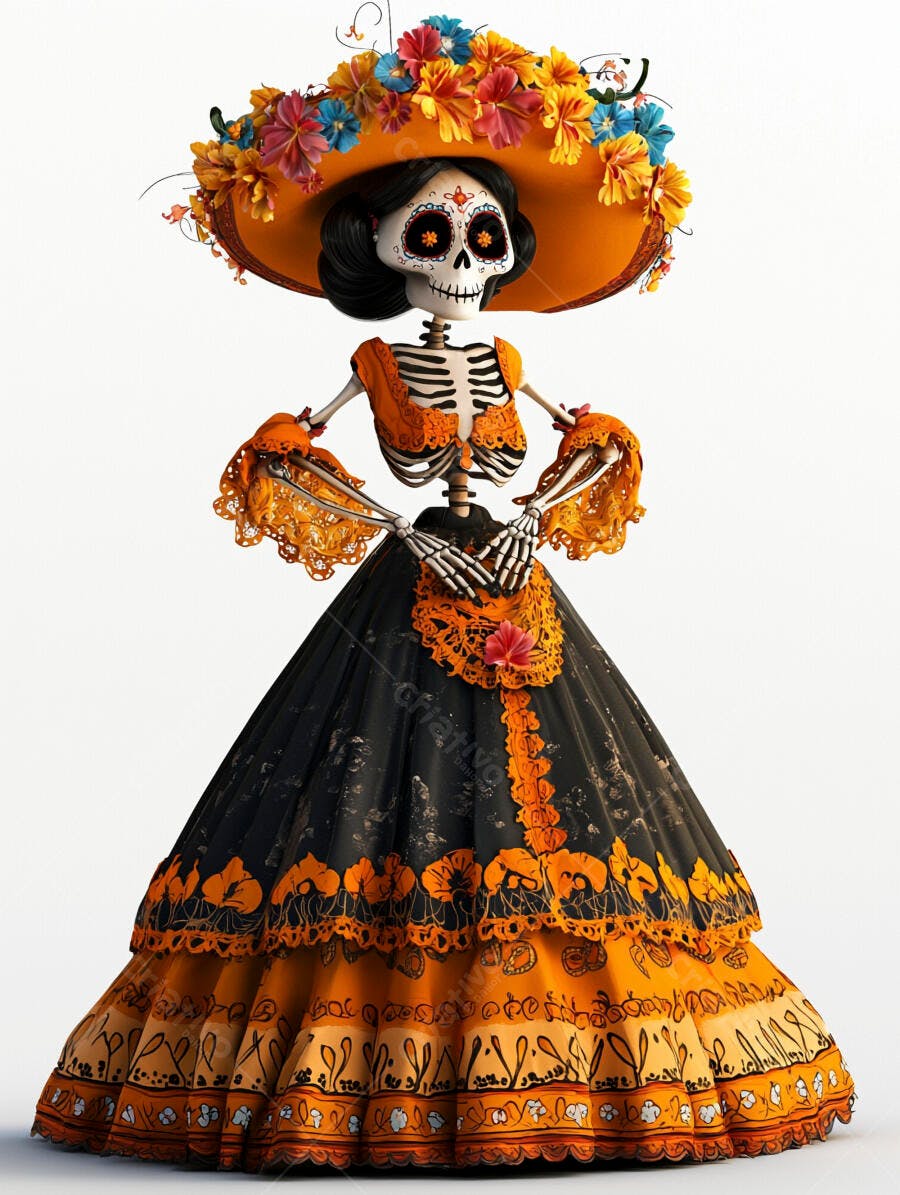 Catrina esqueleto mexicana com chapéu floral laranja e vestido preto Dia dos Mortos
