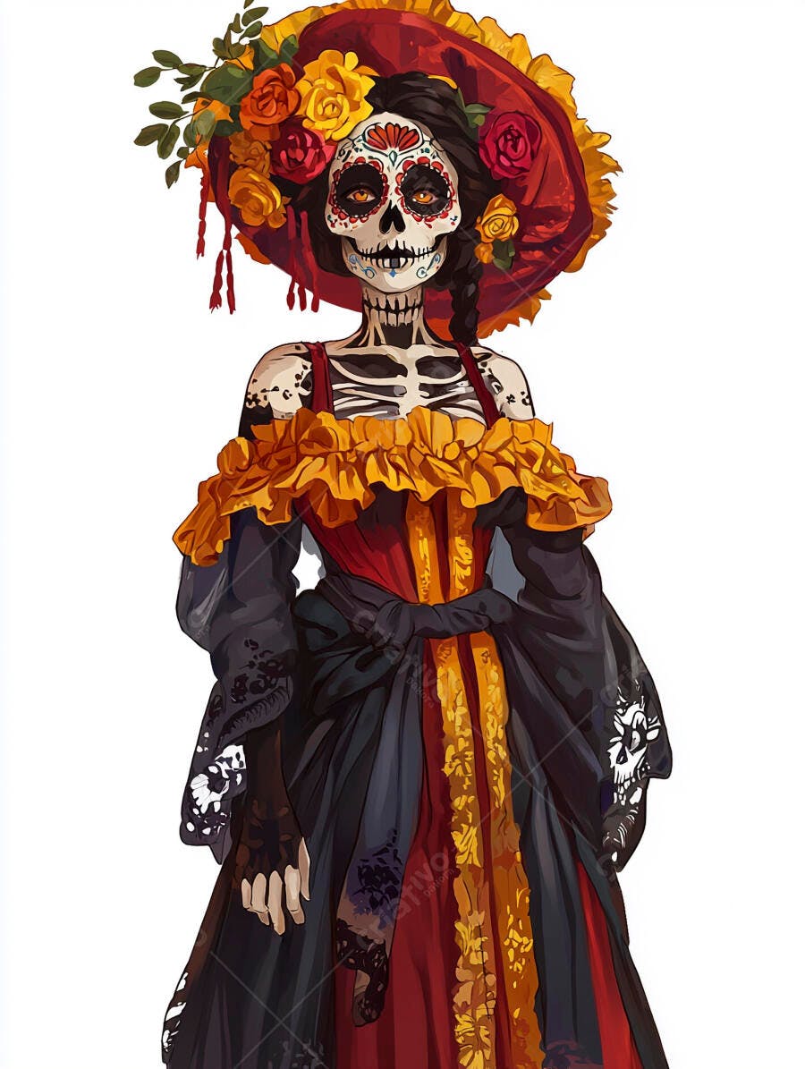 Mulher Catrina com maquiagem caveira e chapéu floral Dia de los Muertos