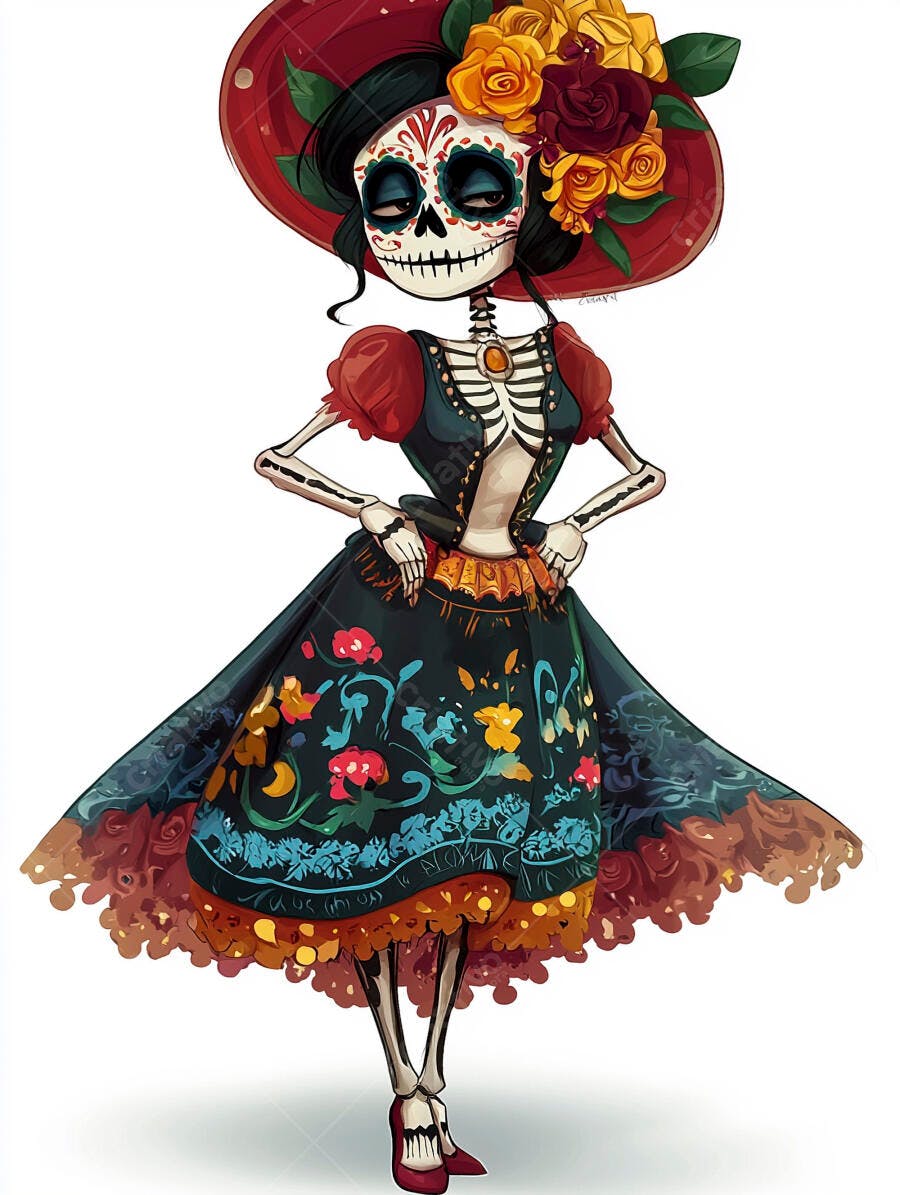 Caveira mexicana Catrina elegante com chapéu vermelho e vestido florido colorido