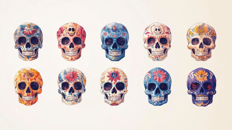 Caveiras de açúcar coloridas decoração floral mexicana Dia dos Mortos