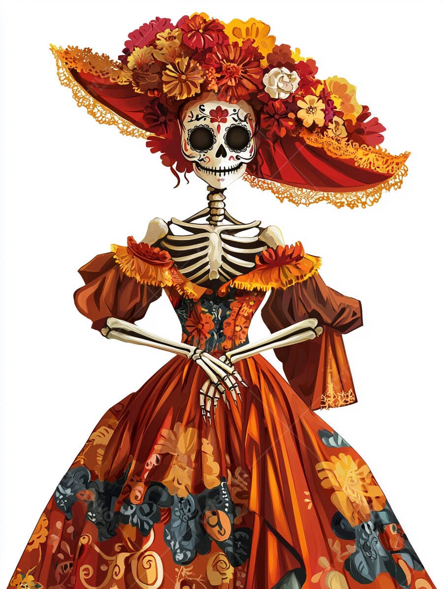 Calavera Catrina mexicana com vestido floral laranja e chapéu de flores coloridas