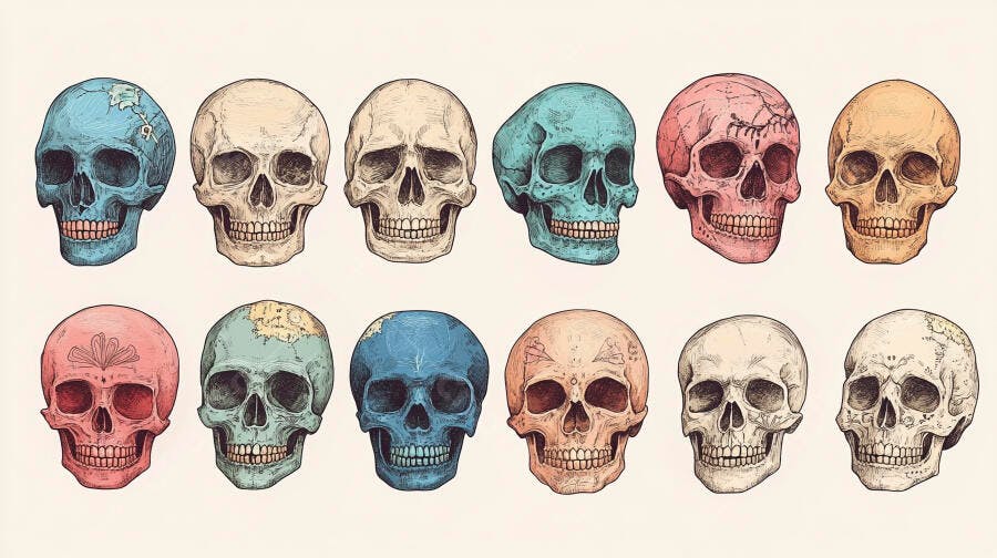 Crânios decorativos ilustrados em tons pastel com diversos padrões vintage