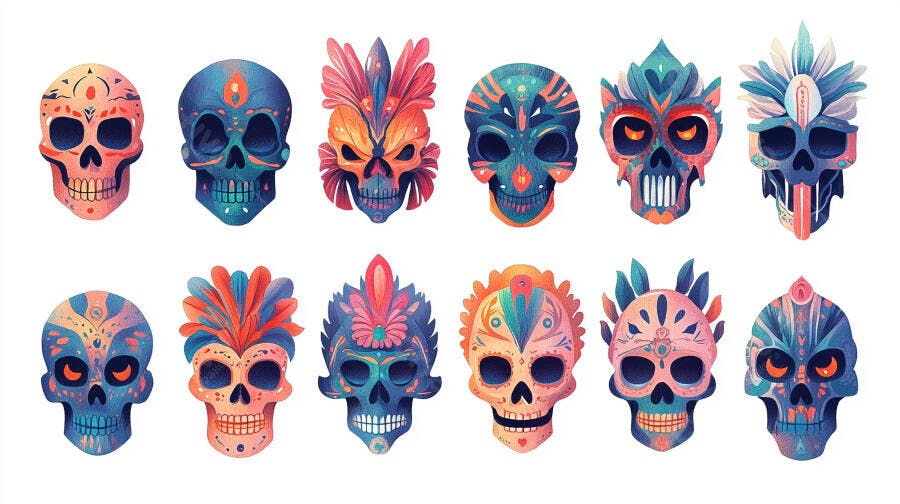 Caveiras decoradas coloridas arte inspirada Dia dos Mortos México
