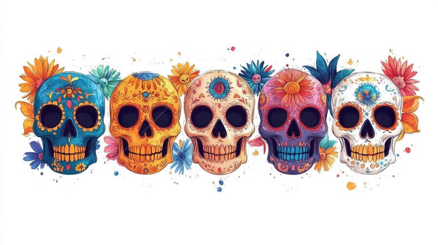 Caveiras de açúcar coloridas decoradas estilo aquarela para o Dia dos Mortos