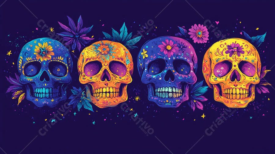 Caveiras mexicanas coloridas com flores e folhas para Dia dos Mortos