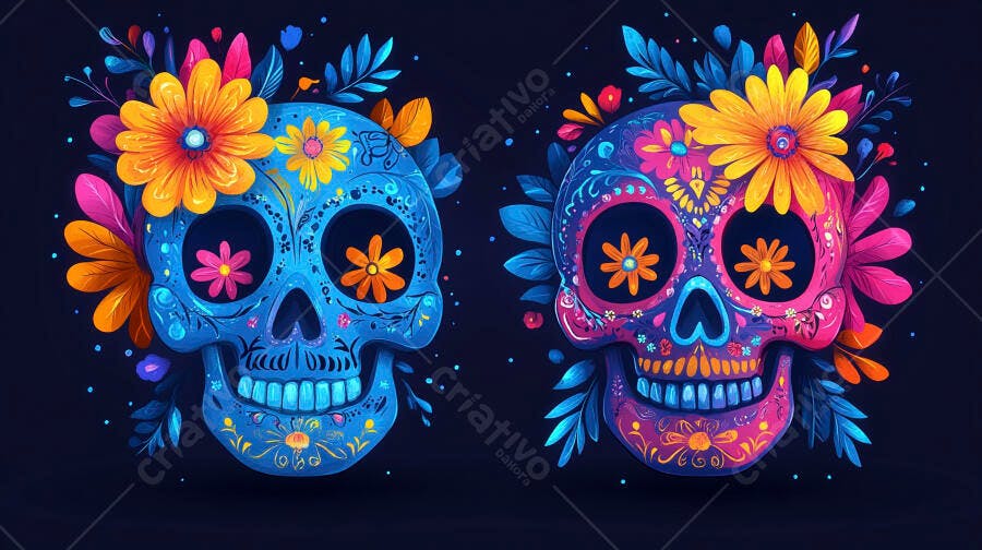 Caveiras mexicanas coloridas flores Dia de los Muertos arte digital