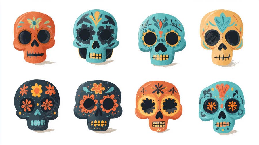 Caveiras mexicanas coloridas para Dia de los Muertos arte folclórica