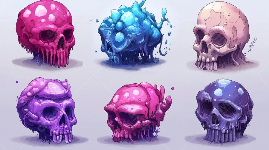 Seis caveiras coloridas de monstros gotejantes em fundo neutro