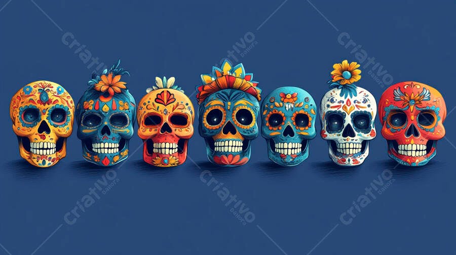 Sete caveiras mexicanas coloridas para o Dia dos Mortos em fundo azul