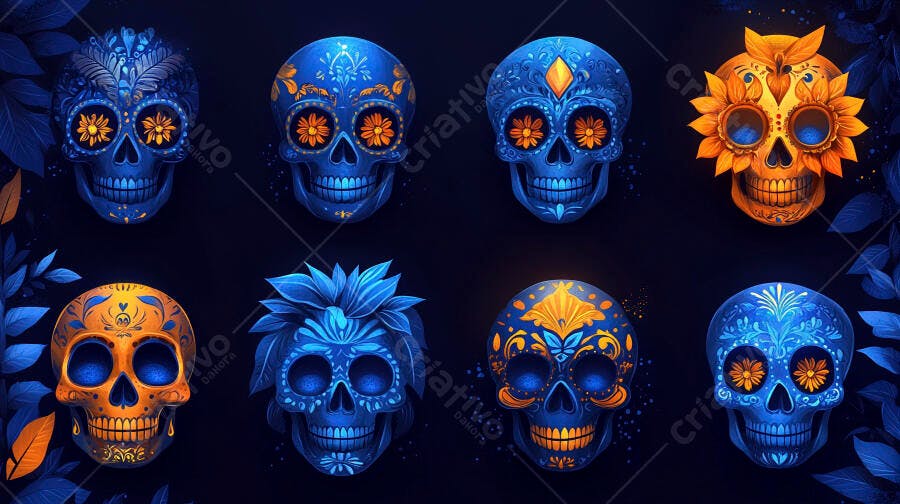 Crânios de açúcar azuis e laranjas decorados Dia dos Mortos