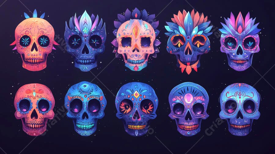 Caveiras mexicanas de açúcar coloridas vibrantes Dia de los Muertos arte digital