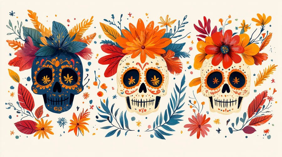 Três caveiras mexicanas decoradas com flores vibrantes para o Dia dos Mortos