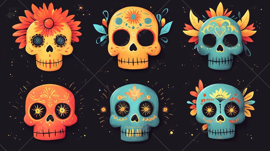 Calaveras mexicanas coloridas com flores e padrões para o Dia dos Mortos