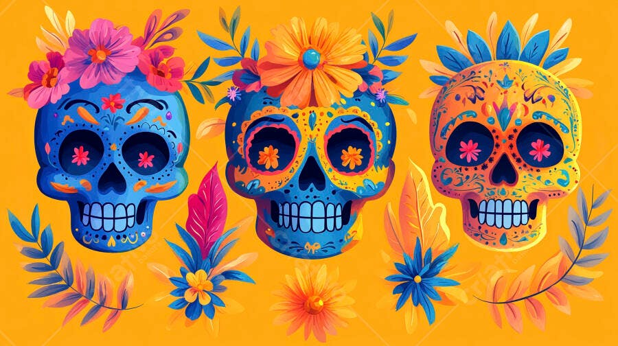 Caveiras mexicanas coloridas com flores para Dia dos Mortos