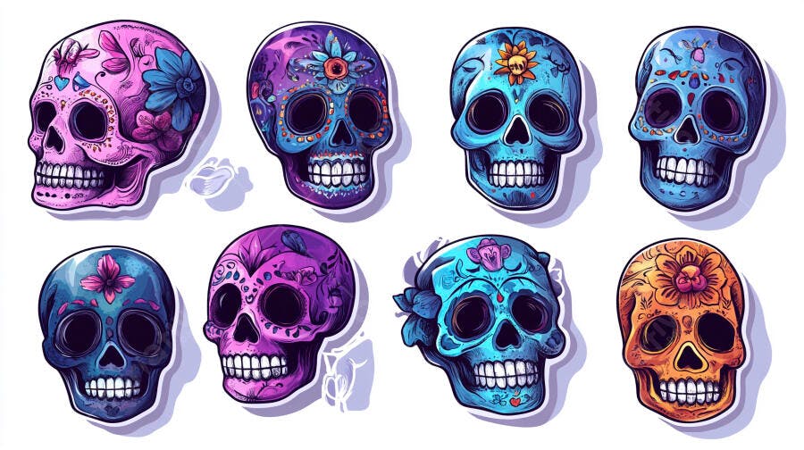 Caveiras de açúcar coloridas Dia de los Muertos com flores e padrões vibrantes