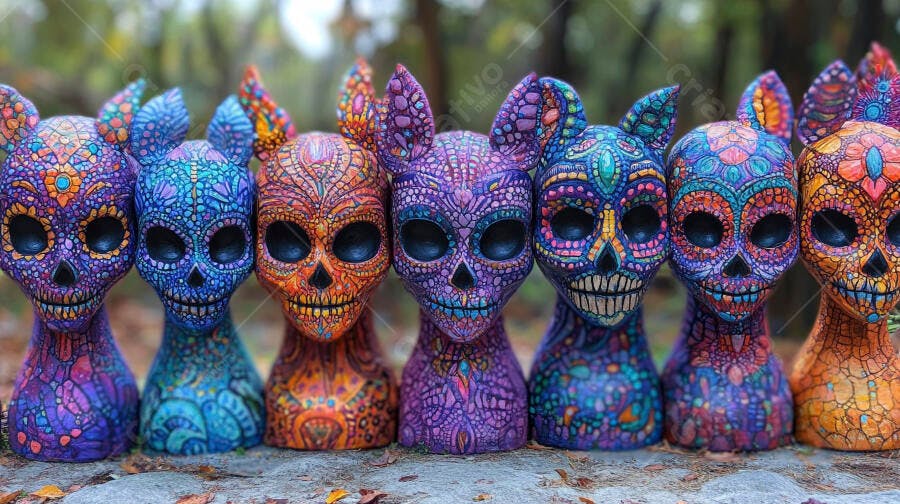 Esculturas vibrantes de caveiras estilo Dia de los Muertos com orelhas coloridas na natureza