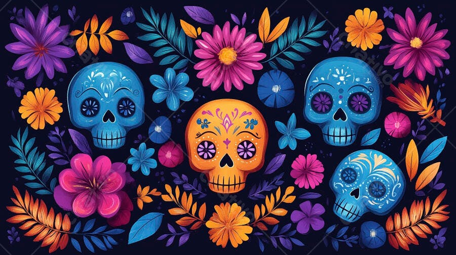 Caveiras decoradas azuis e laranjas com flores coloridas Dia dos Mortos