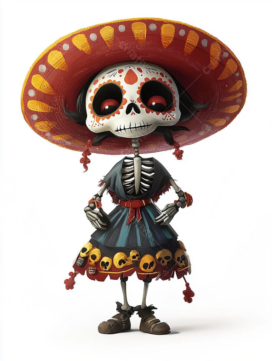 Esqueleto Catrina festiva com vestido azul e sombrero vermelho para Dia dos Mortos