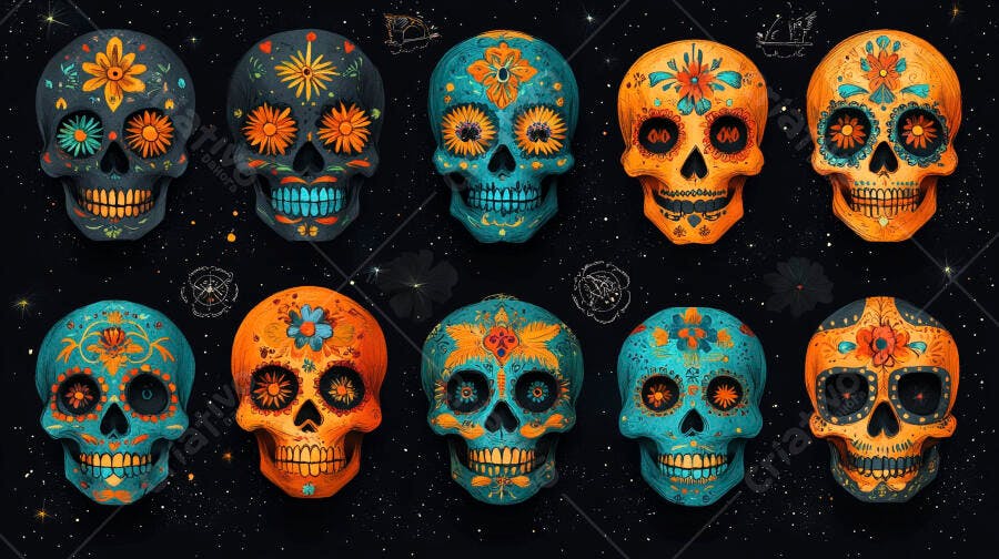 Caveiras de açúcar coloridas Dia de los Muertos vibrante fundo escuro