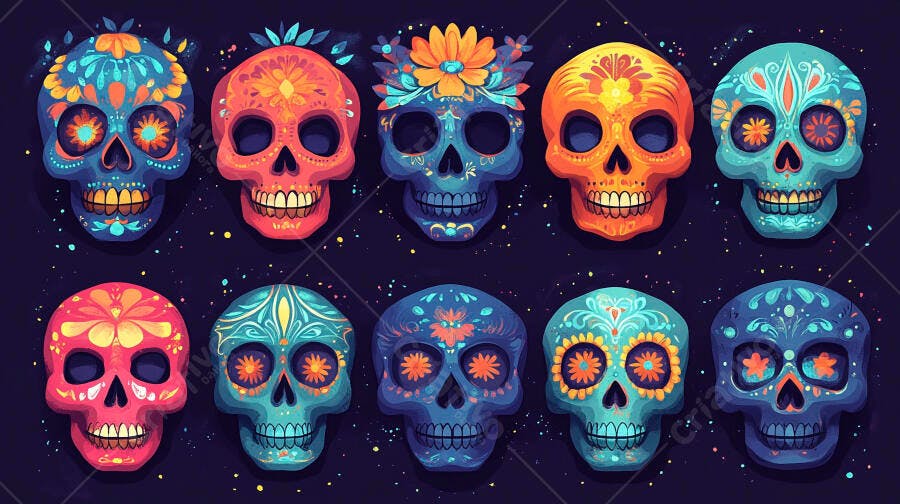 Caveiras mexicanas decoradas coloridas Dia de Muertos fundo escuro vibrante