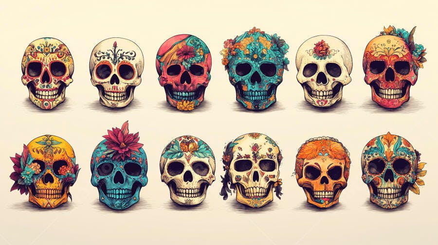 Caveiras mexicanas coloridas com flores para celebração do Dia dos Mortos