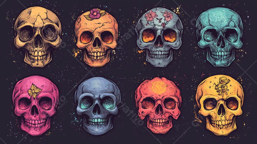 Caveiras coloridas com flores em estilo Dia de los Muertos ilustração vibrante