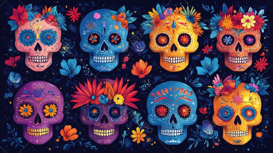 Caveiras mexicanas coloridas com flores Dia de Muertos