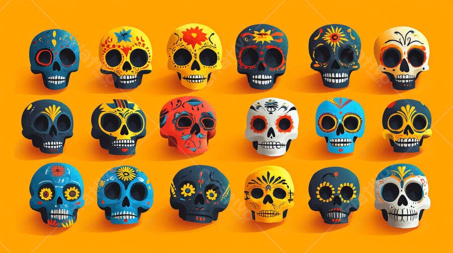 Calaveras de açúcar mexicanas vibrantes arte tradicional Dia dos Mortos