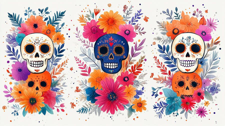 Decoração colorida de calaveras mexicanas com flores em aquarela Dia dos Mortos