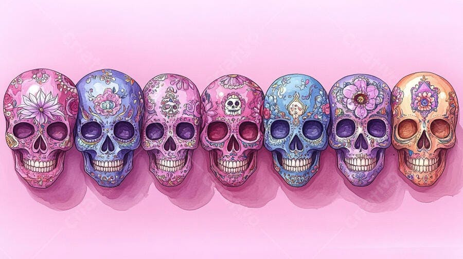 Caveiras mexicanas decoradas com desenhos florais vibrantes em fundo rosa pastel