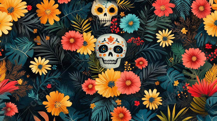 Caveiras mexicanas floridas em padrão tropical escuro colorido