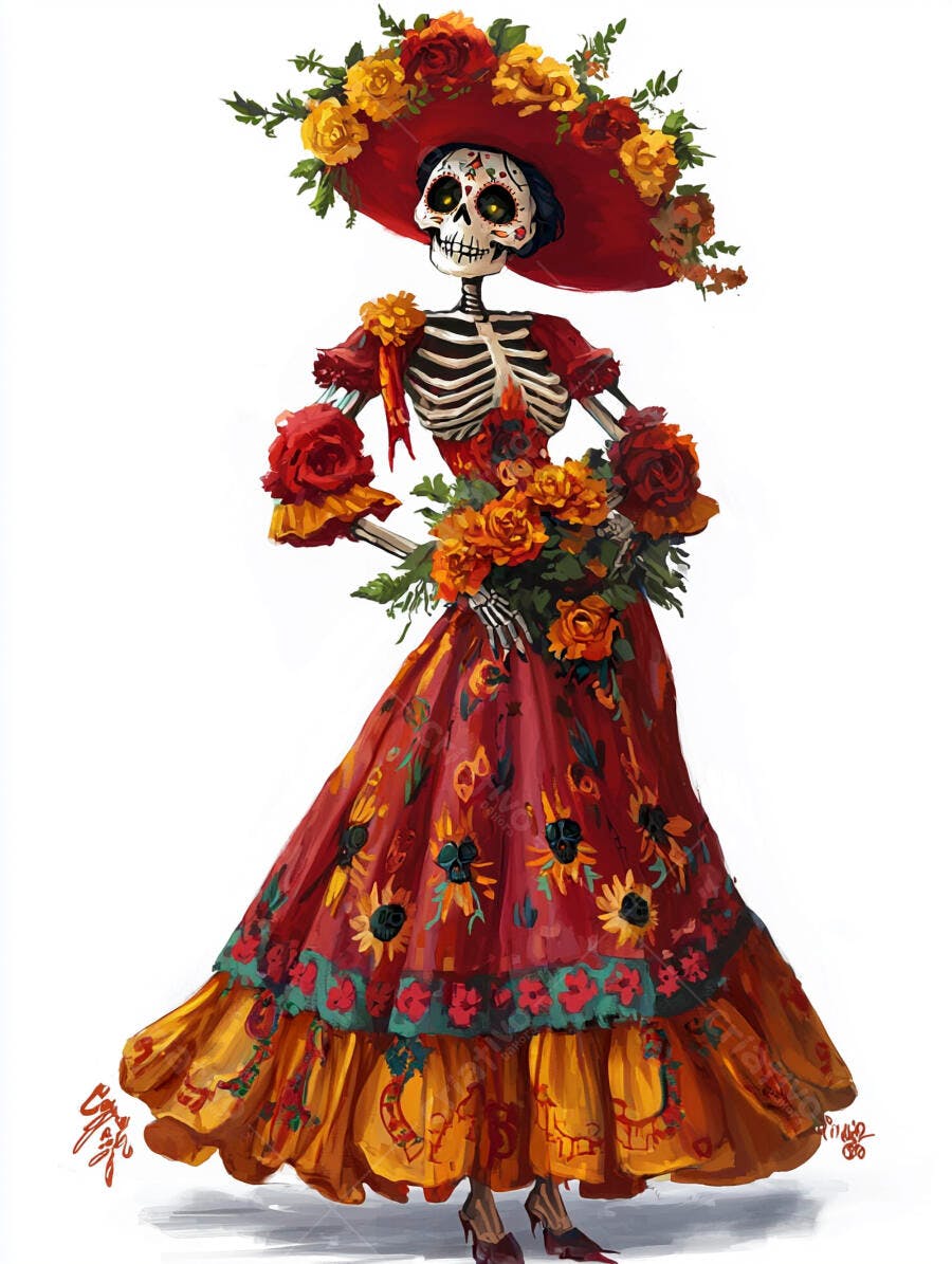 Catrina mexicana elegante com vestido e chapéu floral para Dia de Muertos