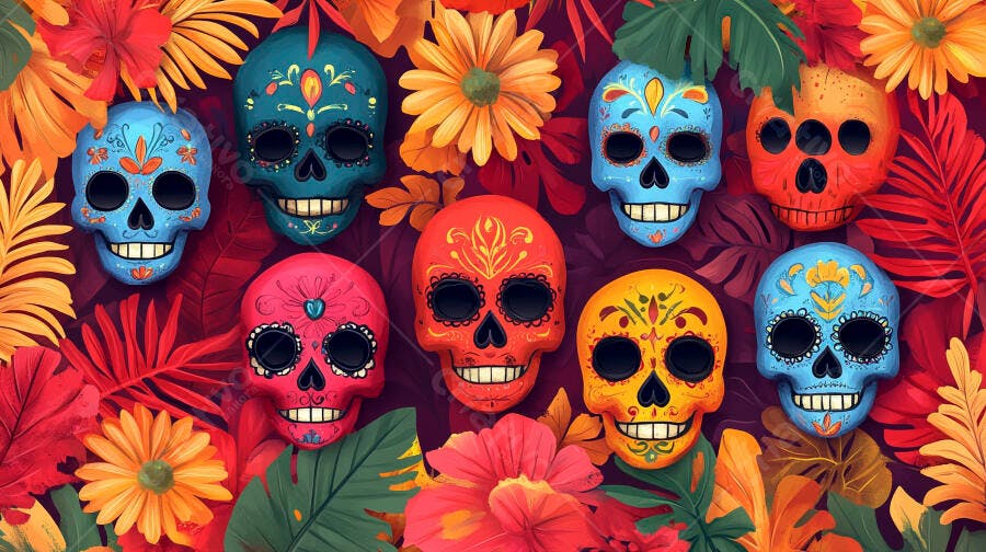 Calaveras coloridas decoradas com flores vibrantes para Dia dos Mortos