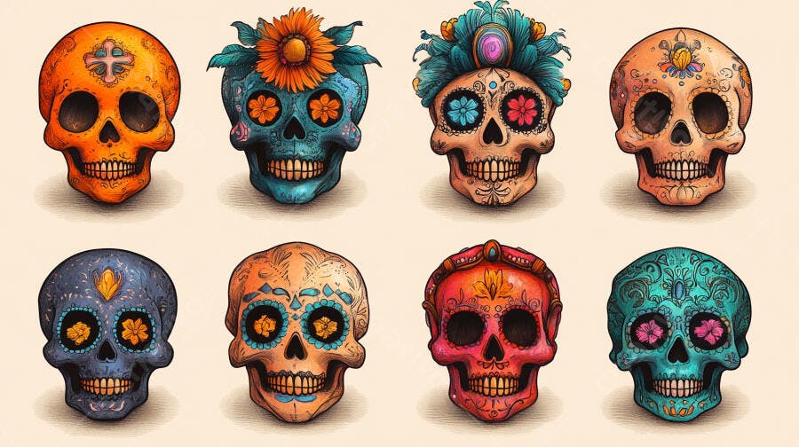 Caveiras de açúcar coloridas decoradas para Dia dos Mortos