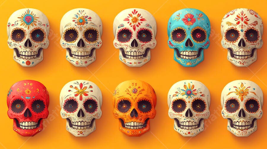 Caveiras de açúcar coloridas Dia de Muertos fundo laranja vibrante