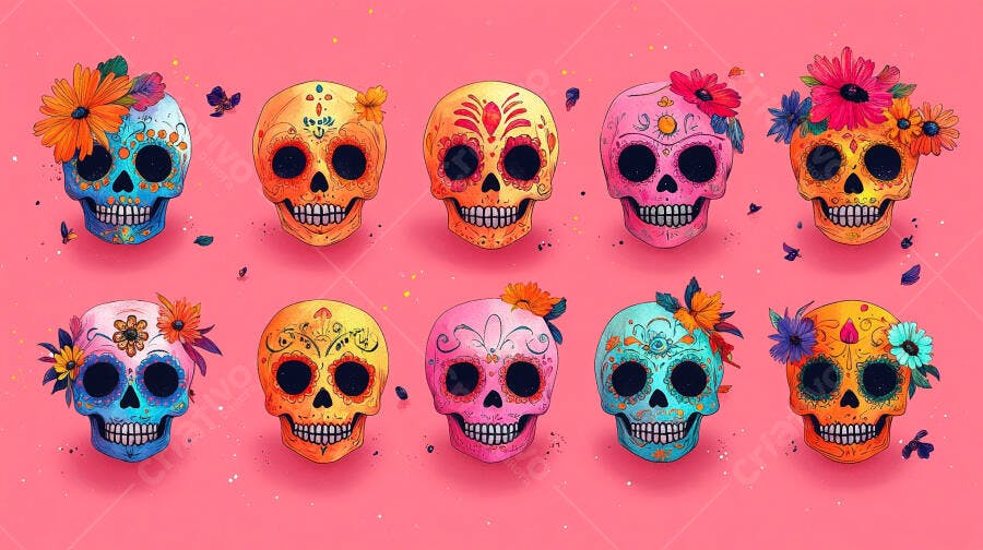 Skulls coloridos estilo Calavera com flores vibrantes em fundo rosa Dia de Muertos