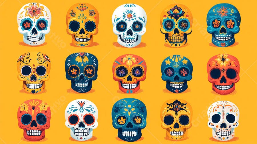 Calaveras mexicanas decoradas coloridas em fundo laranja para Dia de los Muertos