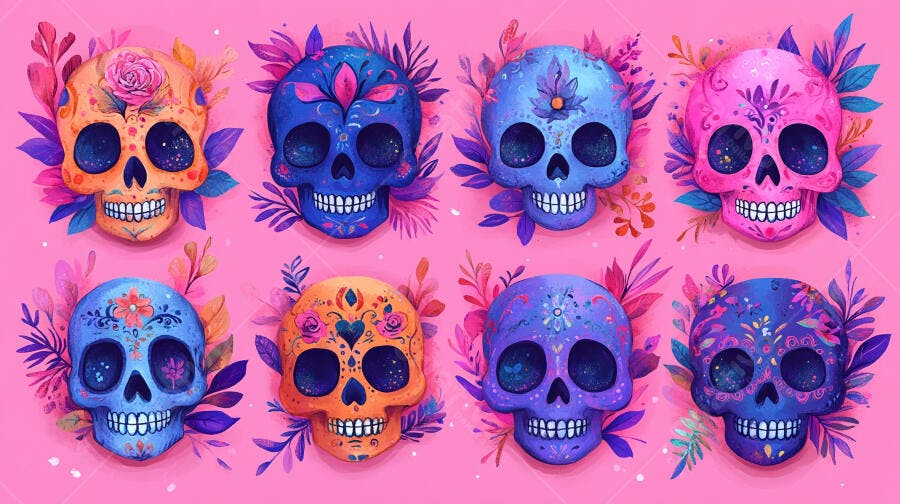 Oito caveiras mexicanas de açúcar coloridas e decoradas em fundo rosa vibrante