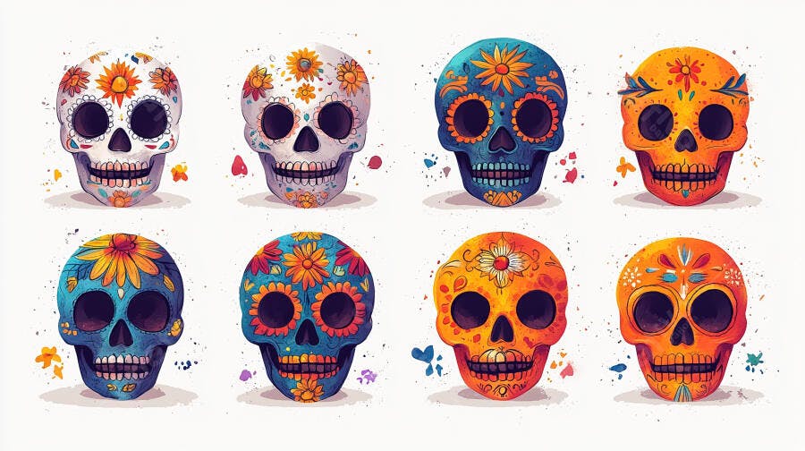 Calaveras mexicanas coloridas padroes florais para Dia de los Muertos