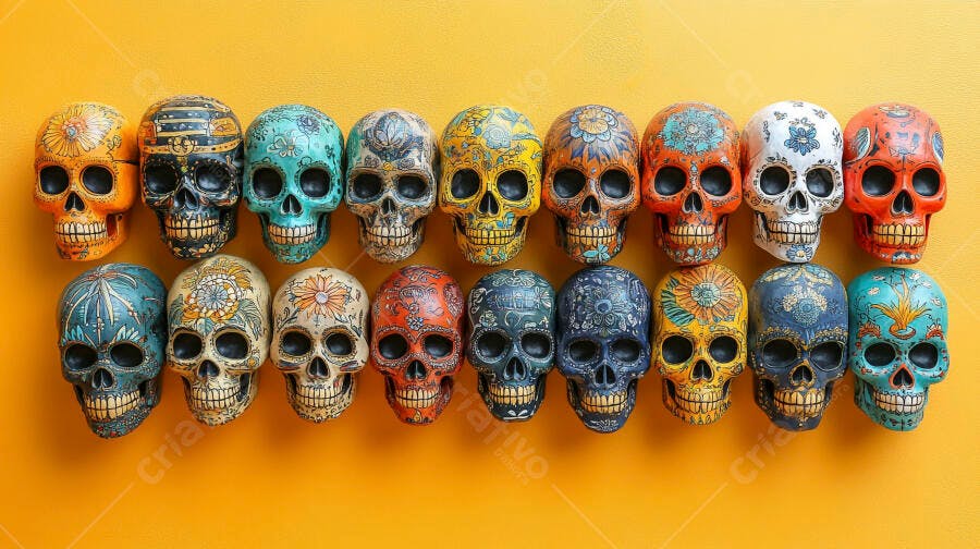 Calaveras decoradas vibrantes coloridas duas filas em fundo amarelo
