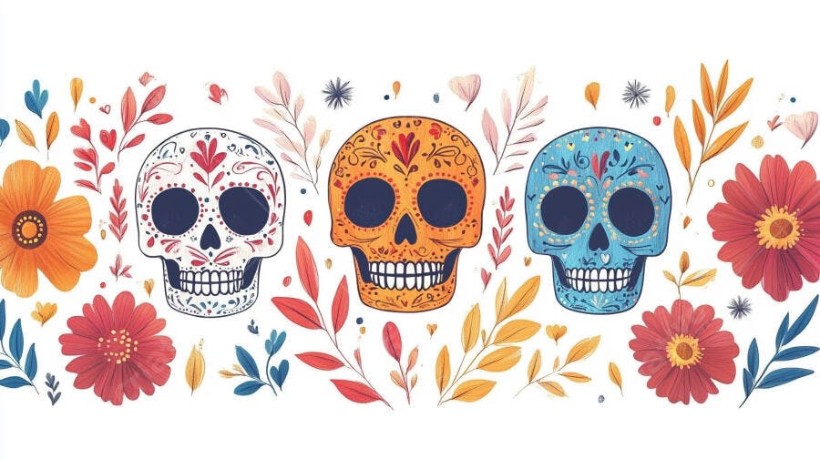 Caveiras de açúcar coloridas estilo mexicano ilustração floral vibrante