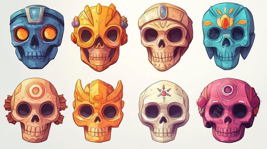 Coleção de caveiras estilizadas coloridas em arte digital moderna