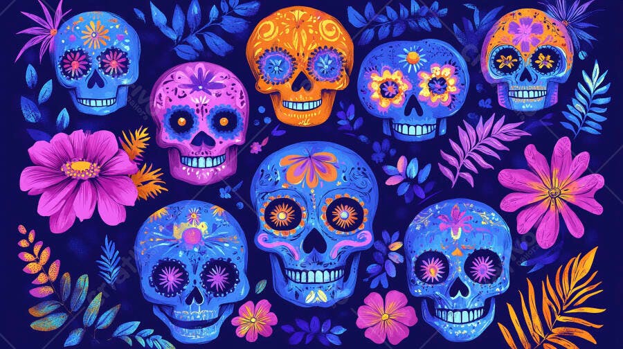 Caveiras mexicanas coloridas flores Dia dos Mortos fundo azul escuro