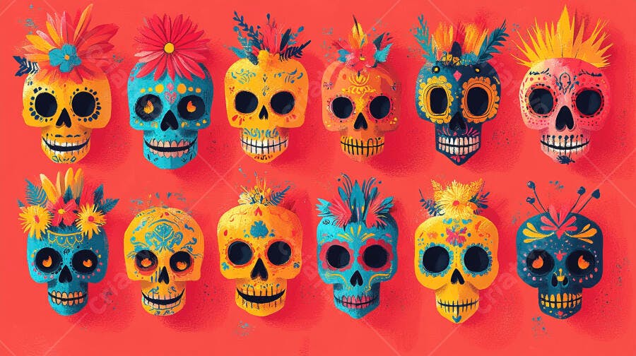 Calaveras mexicanas coloridas em fundo vermelho vibrante